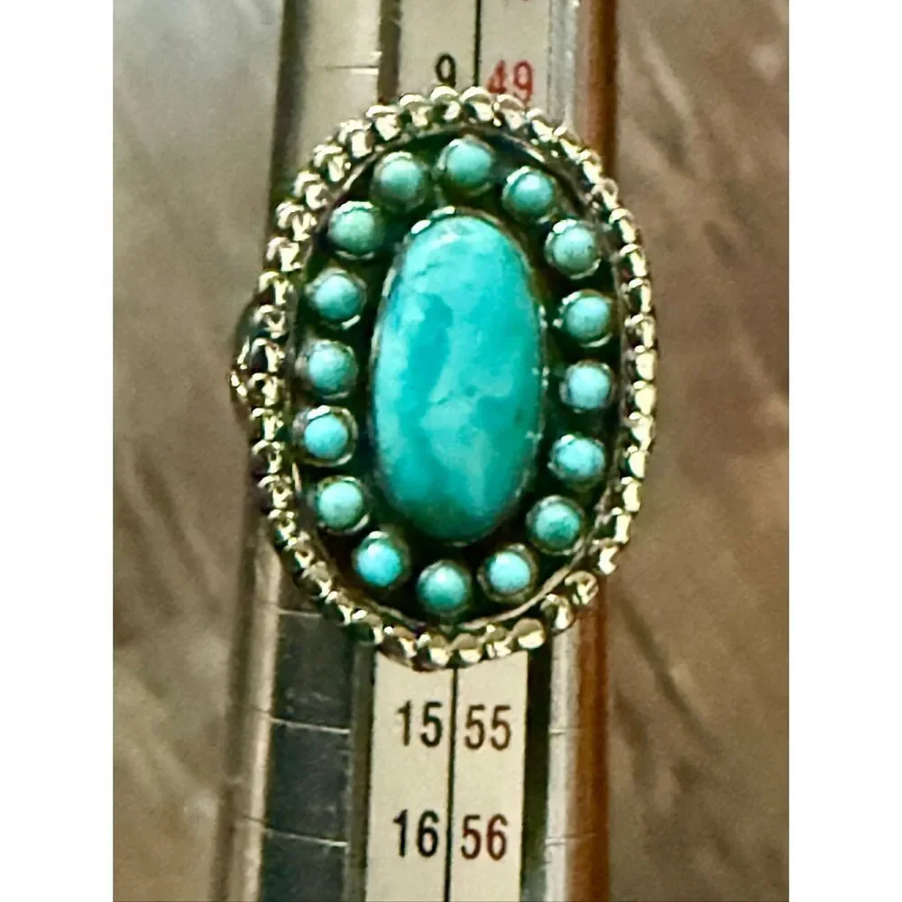 Vintage Style Sterling Silver Turquoise Cluster Statement Ring Southwestern Boho
